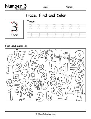 Number 3 - Trace, Find and Color Worksheet