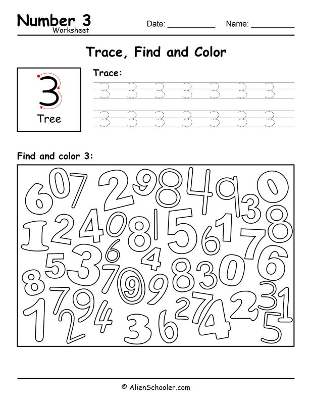 Number 3 - Trace, Find and Color Worksheet