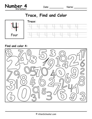 Number 4 - Trace, Find and Color Worksheet