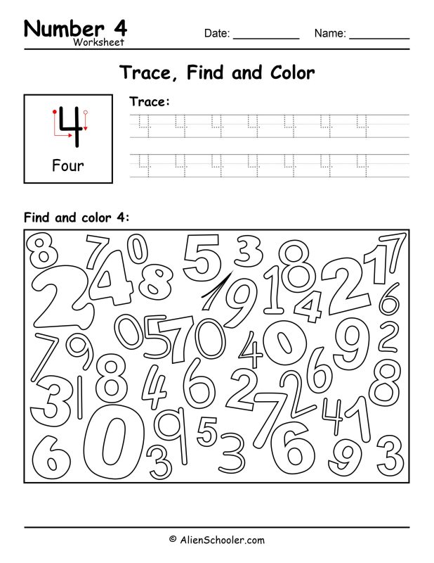 Number 4 - Trace, Find and Color Worksheet