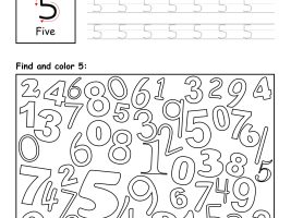 Number 5 - Trace, Find and Color Worksheet