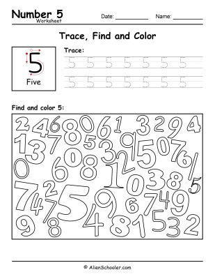 Number 5 - Trace, Find and Color Worksheet