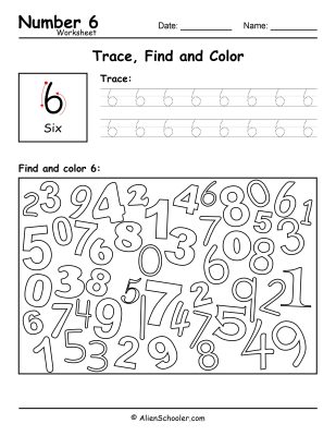 Number 6 - Trace, Find and Color Worksheet