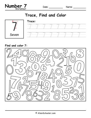 Number 7 - Trace, Find and Color Worksheet