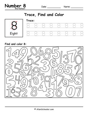 Number 8 - Trace, Find and Color Worksheet