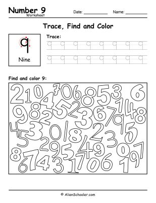 Number 9 - Trace, Find and Color Worksheet