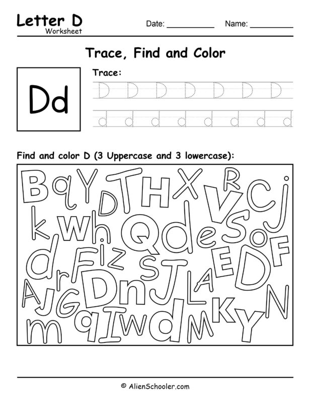 Letter D Worksheet - Trace, Find and Color