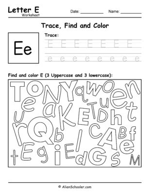 Letter E Worksheet - Trace, Find and Color