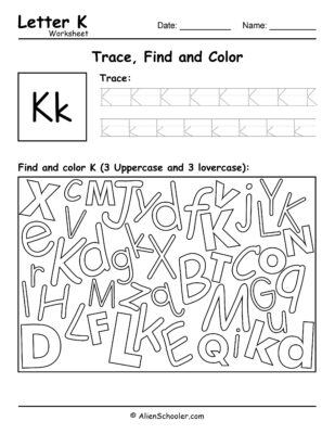 Letter K Worksheet, Trace, Find and Color Letter K