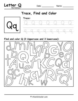 Letter Q Worksheet, Letter Q Trace, Find and Color Worksheet