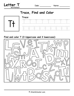 Letter T Worksheet - Trace, Find and Color