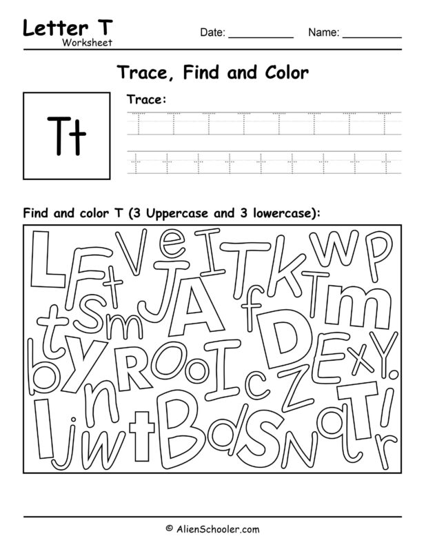 Letter T Worksheet - Trace, Find and Color