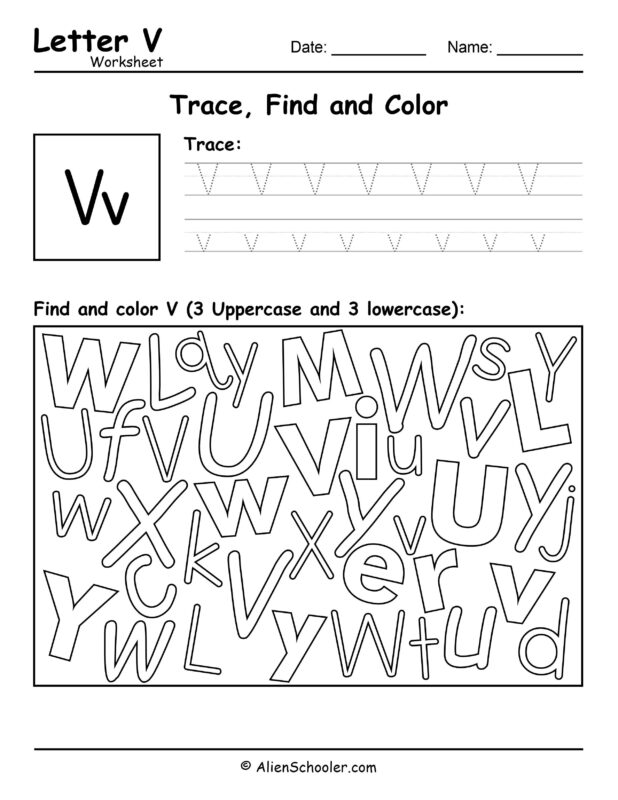 Letter V Worksheet, Trace, Find and Color Letter V