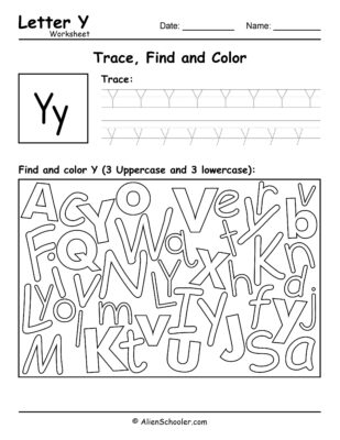 Letter Y Worksheet - Trace, Find and Color