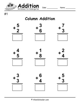 Column Addition Worksheet For Kindergarten