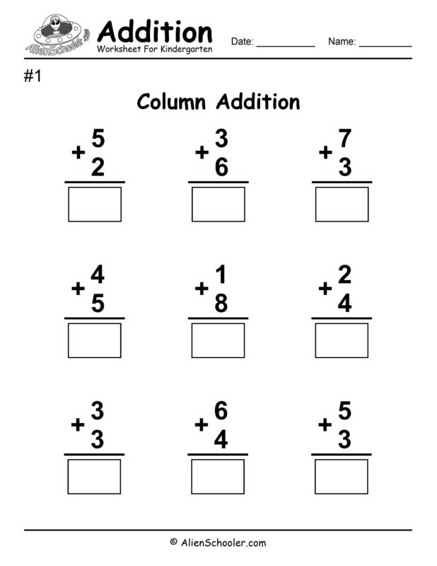 Column Addition Worksheet For Kindergarten