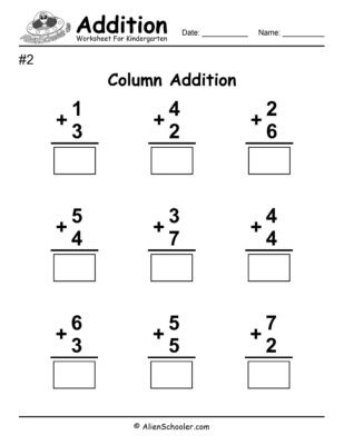 Column Addition Worksheet Up to 10
