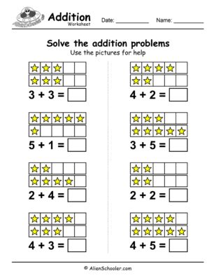 Kindergarten addition within 10 worksheet with pictures