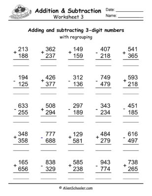 3 Digit Addition And Subtraction With Regrouping Worksheet Printable