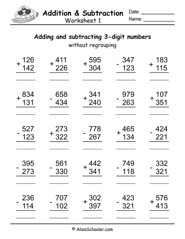 3 Digit Addition And Subtraction Without Regrouping Worksheet 1