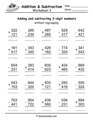 3 Digit Addition And Subtraction Workshet (Without Regrouping)