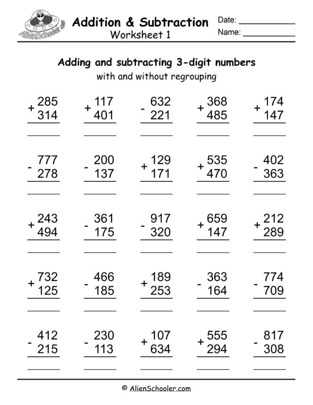 Mixed 3 Digit Addition And Subtraction Worksheet