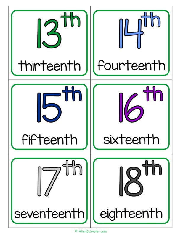 Ordinal Number Cards 13 - 18