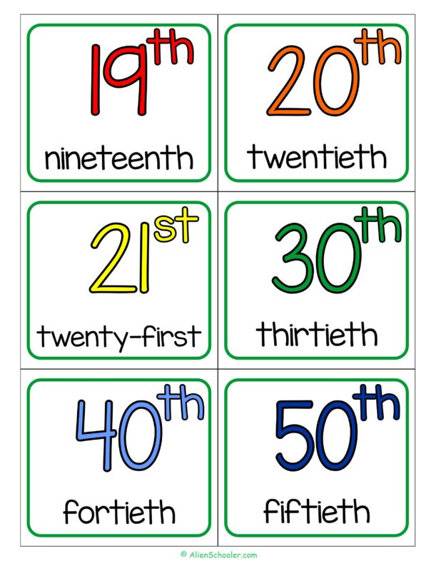 Ordinal Number Flashcards 19-21