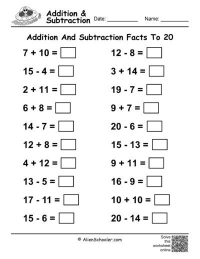 Mixed Addition And Subtraction to 20 Worksheet