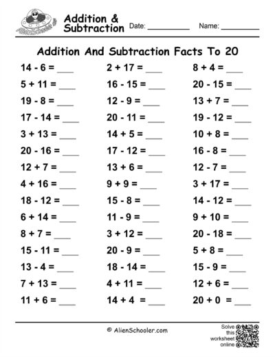 Addition And Subtraction Facts To 20