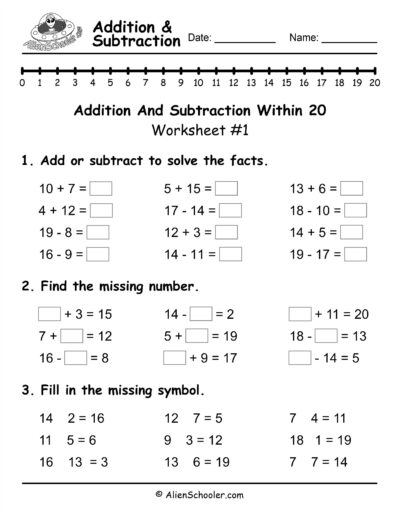 Addition And Subtraction Within 20, Printable Worksheet #1