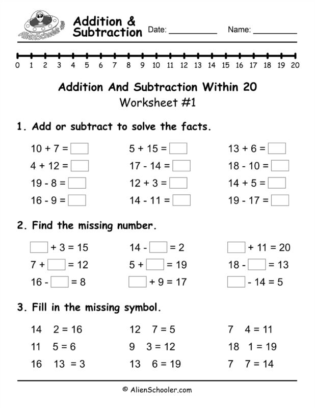 Addition And Subtraction Within 20, Worksheet #1