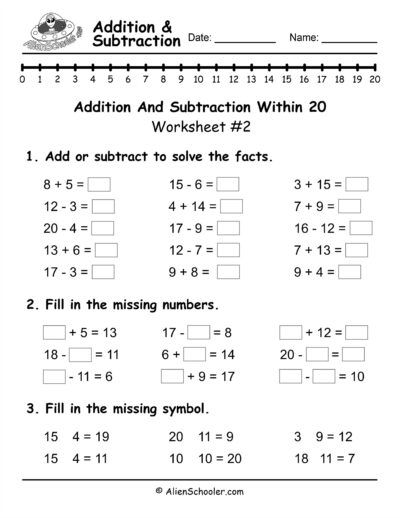 Addition And Subtraction Within 20, Printable Worksheet #2