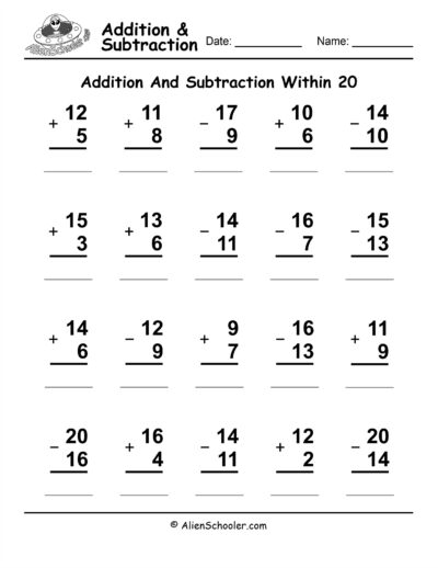 Column Addition And Subtraction Within 20 Worksheet Printable