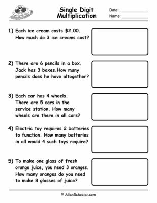 Single Digit Multiplication Word Problems Worksheet Printable