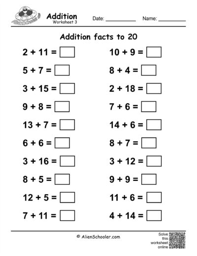 Addition Facts To 20