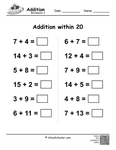 Addition within 20 Worksheet Printable