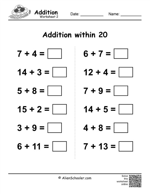 Addition within 20 Worksheet Printable