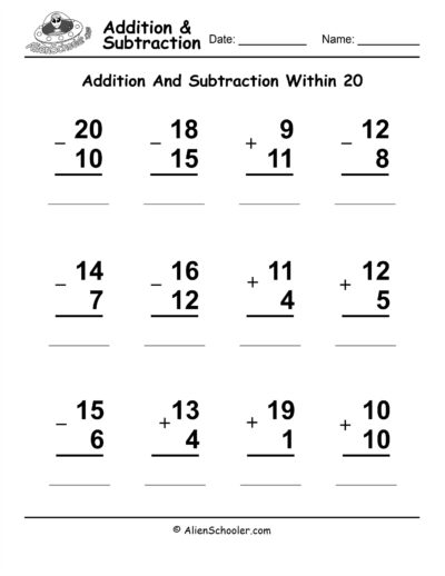 Column Addition And Subtraction Within 20 Worksheet Printable