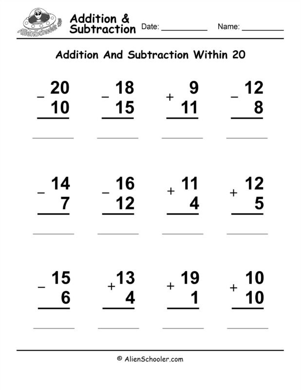 Column Addition And Subtraction Within 20 Worksheet Printable