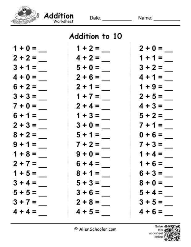 Addition facts to 10