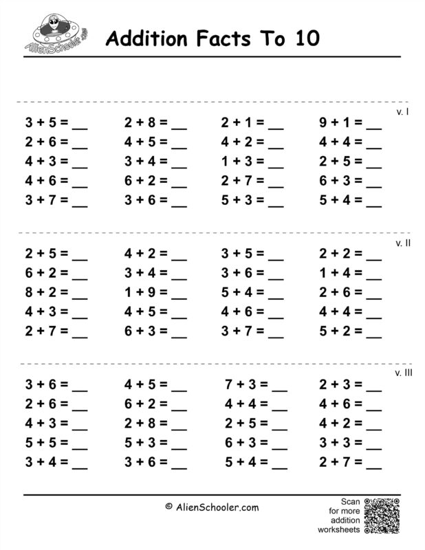 Addition facts to 10 worksheet printable