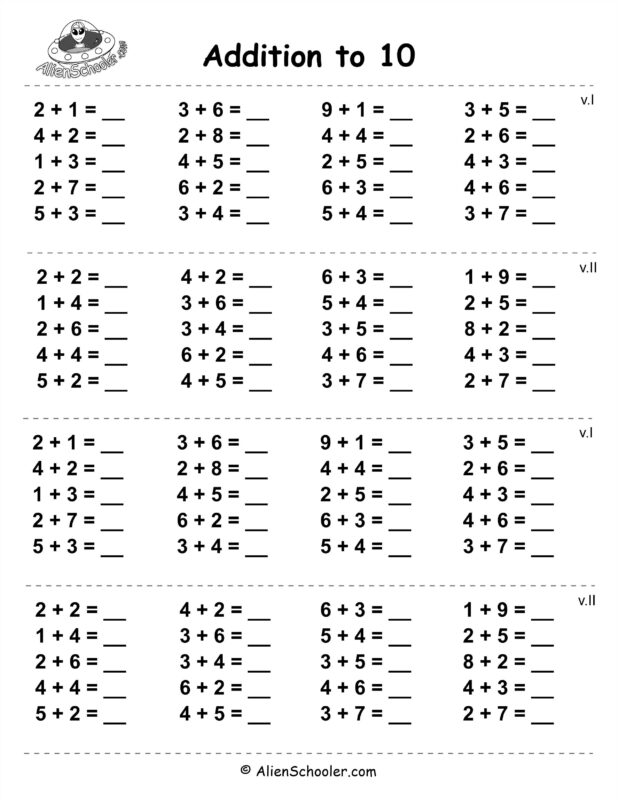 Addition facts within 10