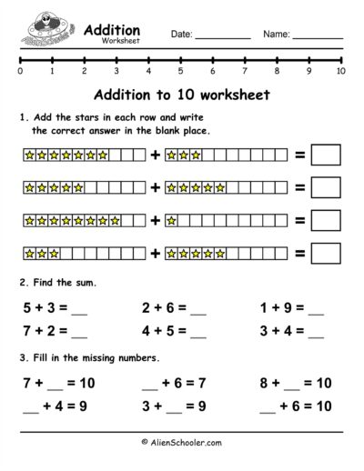 Addition to 10 worksheet