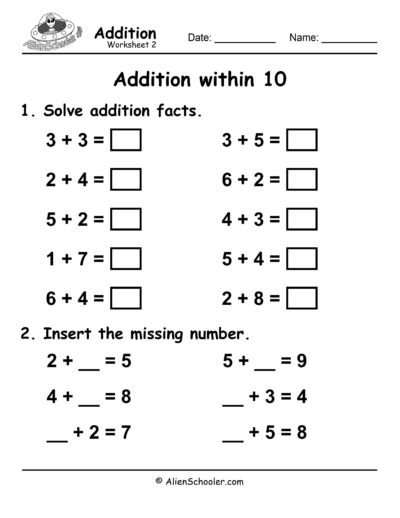 Addition within 10 worksheet free printable