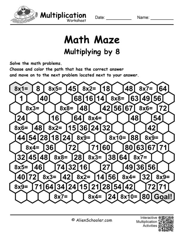 Math Maze - Multiplication By 8 - Alien Schooler