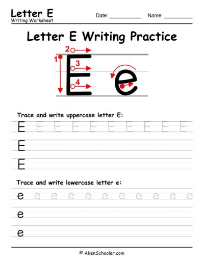 Letter E writing worksheet