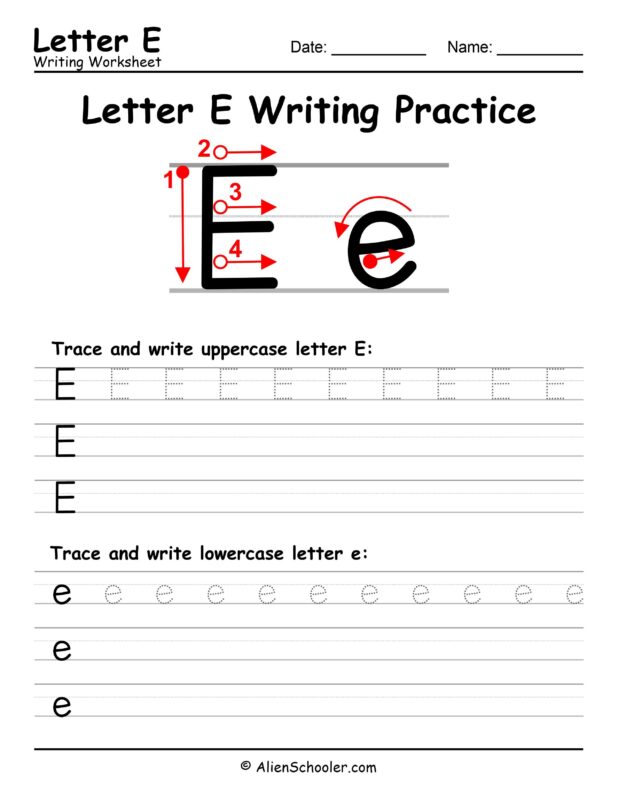 Letter E writing worksheet