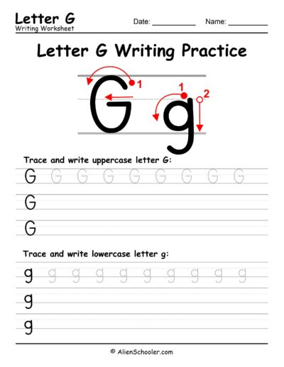 Letter G writing worksheet Printable