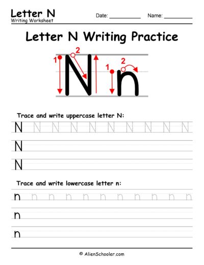 Letter N writing worksheet